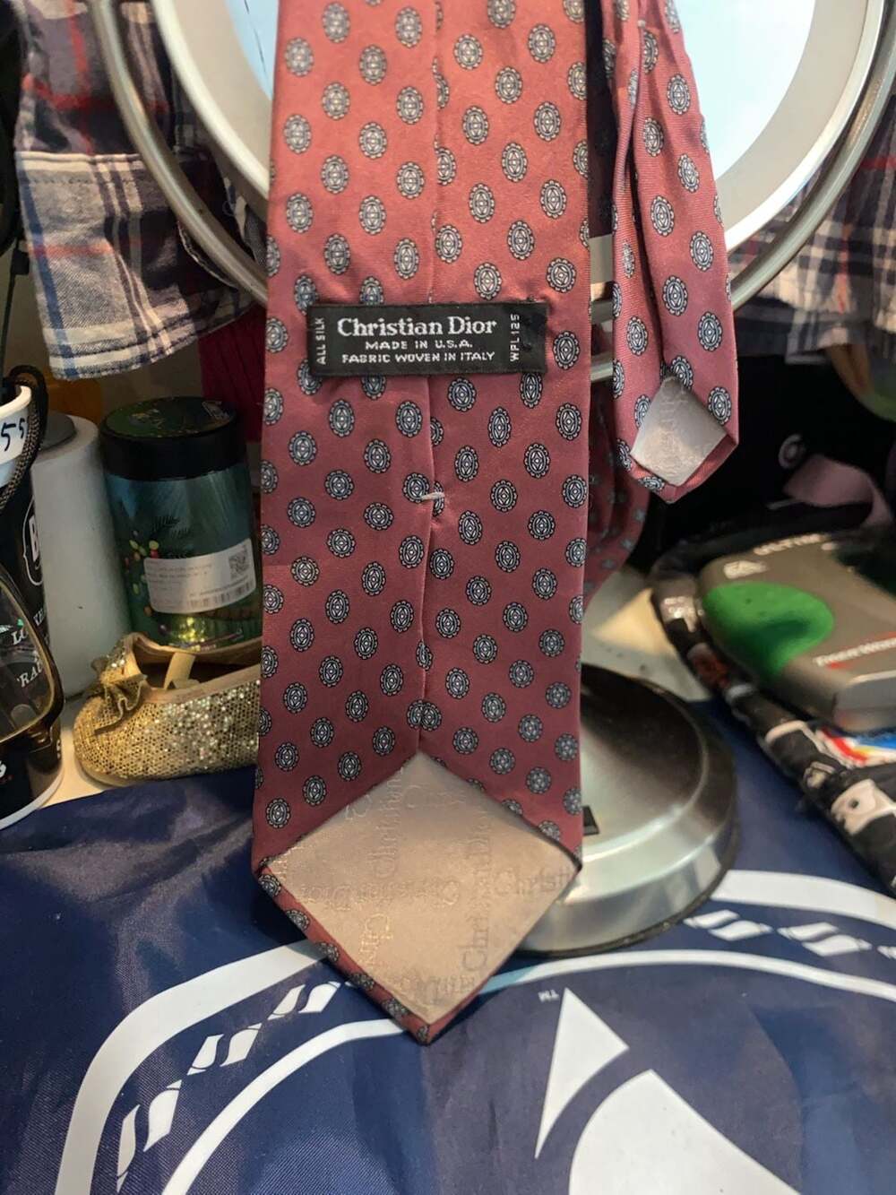 Christian Dior Vintage Silk Medallion Pattern Tie Pink Blue